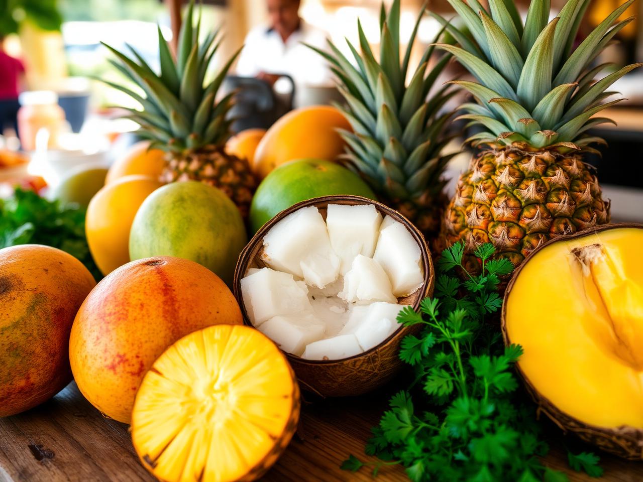 Mangues, lait de coco, ananas et herbes fraîches